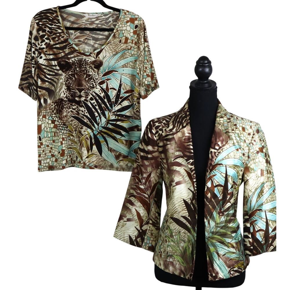 Vintage Y2K Tanjay Cheetah Leopard Jacket Blazer & Top SET Jungle Tropical